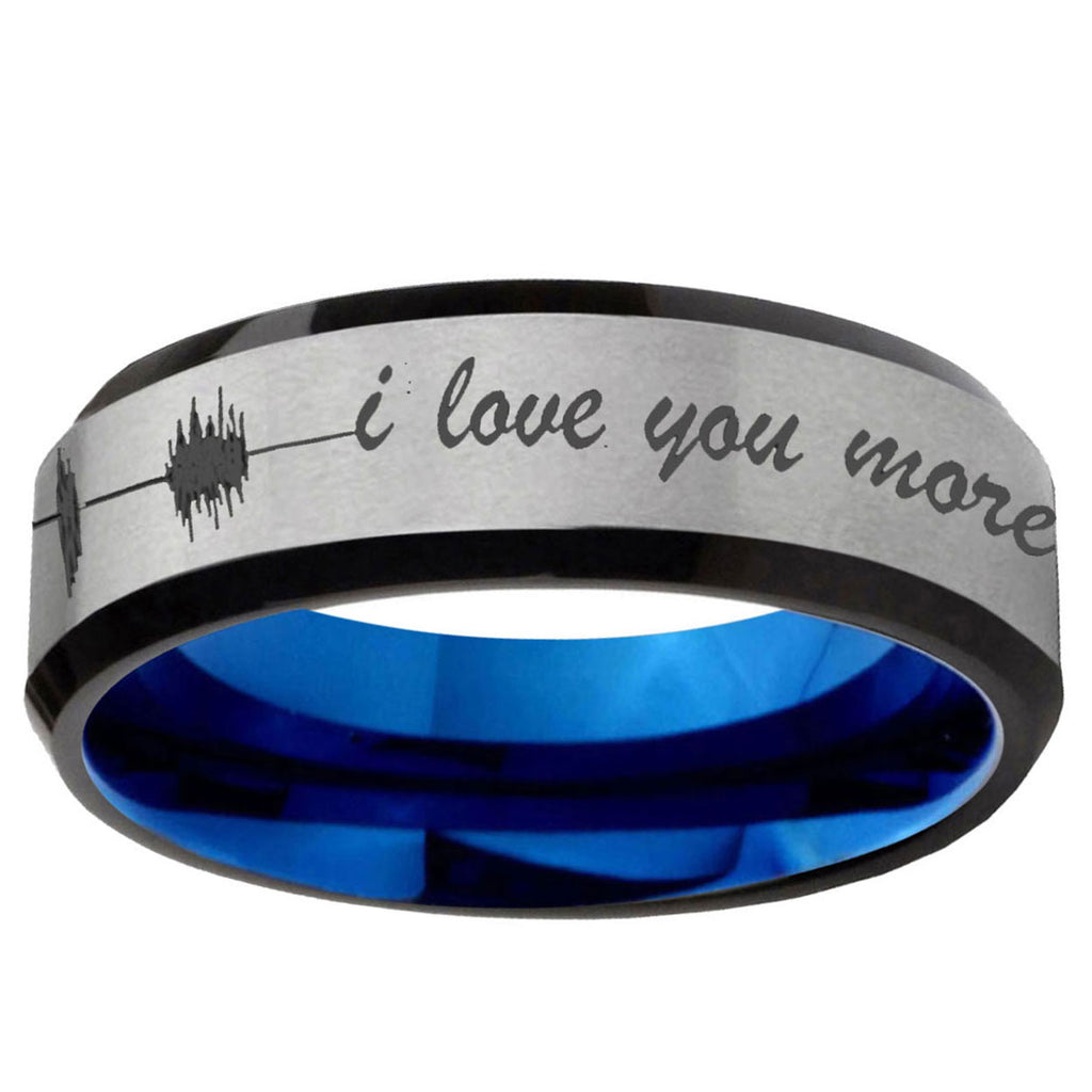 6MM Sound Wave, I love you Beveled Blue Gray Tungsten Ring For Man