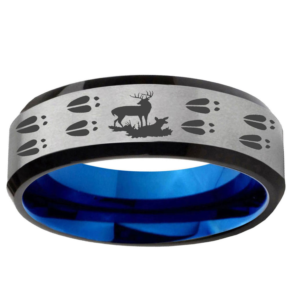 6MM Deer Hunting Tracks Beveled Blue Gray Tungsten Rings For Men