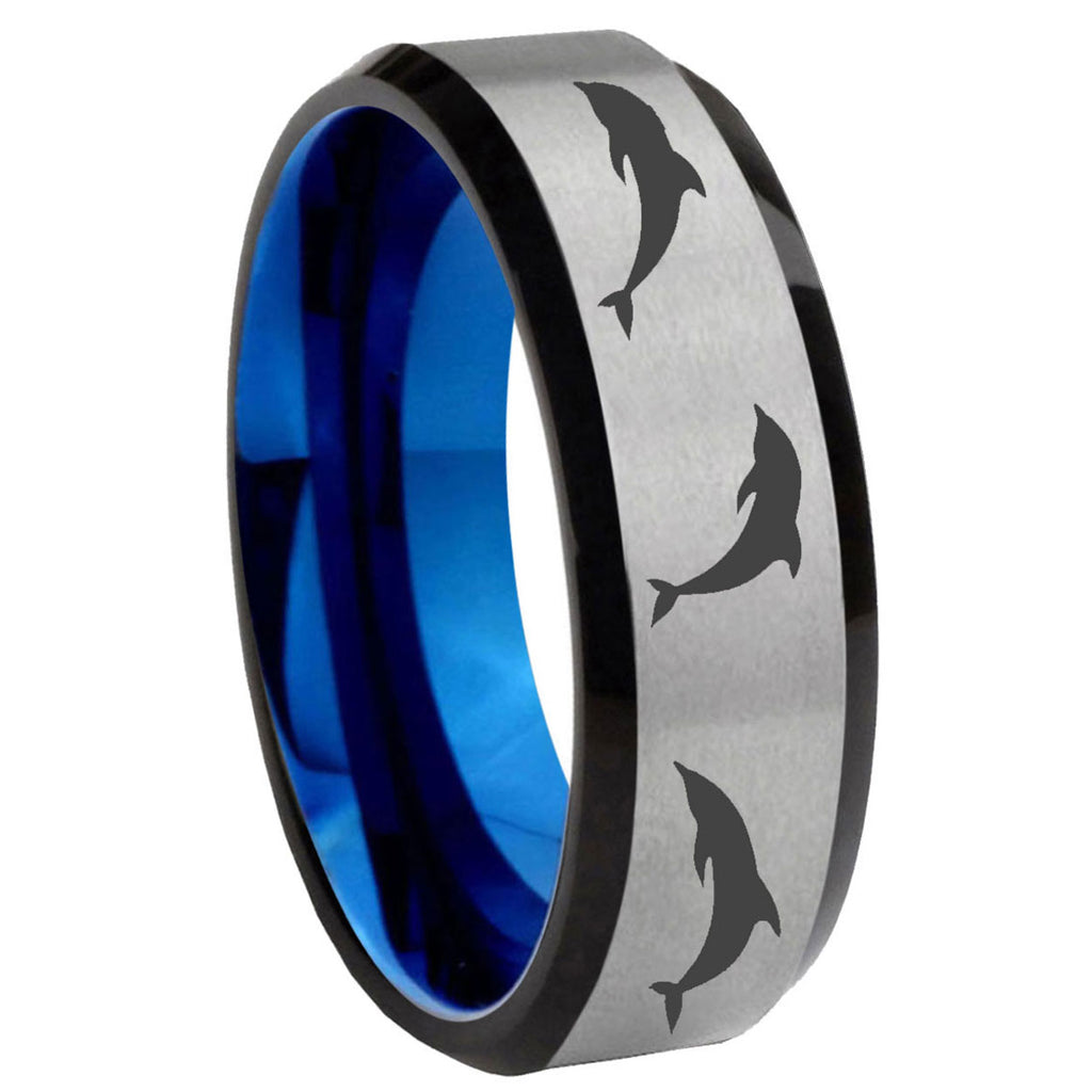 8MM Dolphins Beveled Blue Gray Tungsten Rings For Men