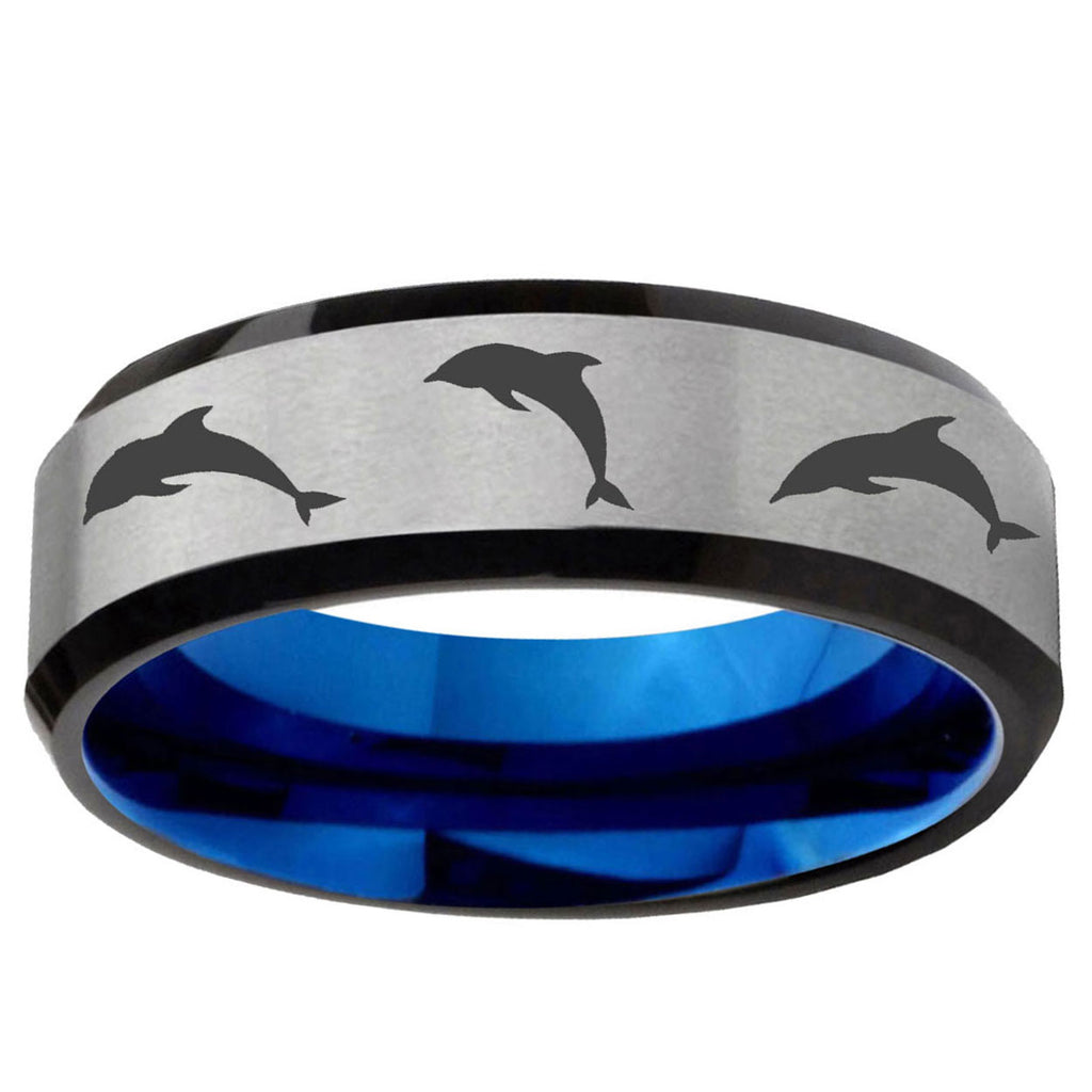 6MM Dolphins Beveled Blue Gray Tungsten Rings For Men