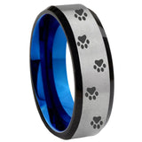 8mm Paw Print Beveled Tungsten Carbide Silver Blue Mens Promise Ring