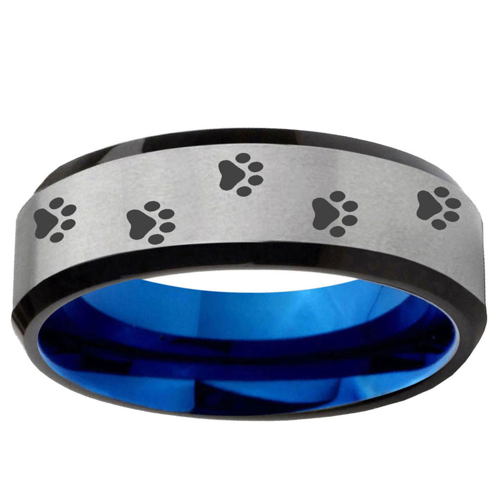 6MM Paw Print Beveled Blue Gray Tungsten Wedding Band For Men