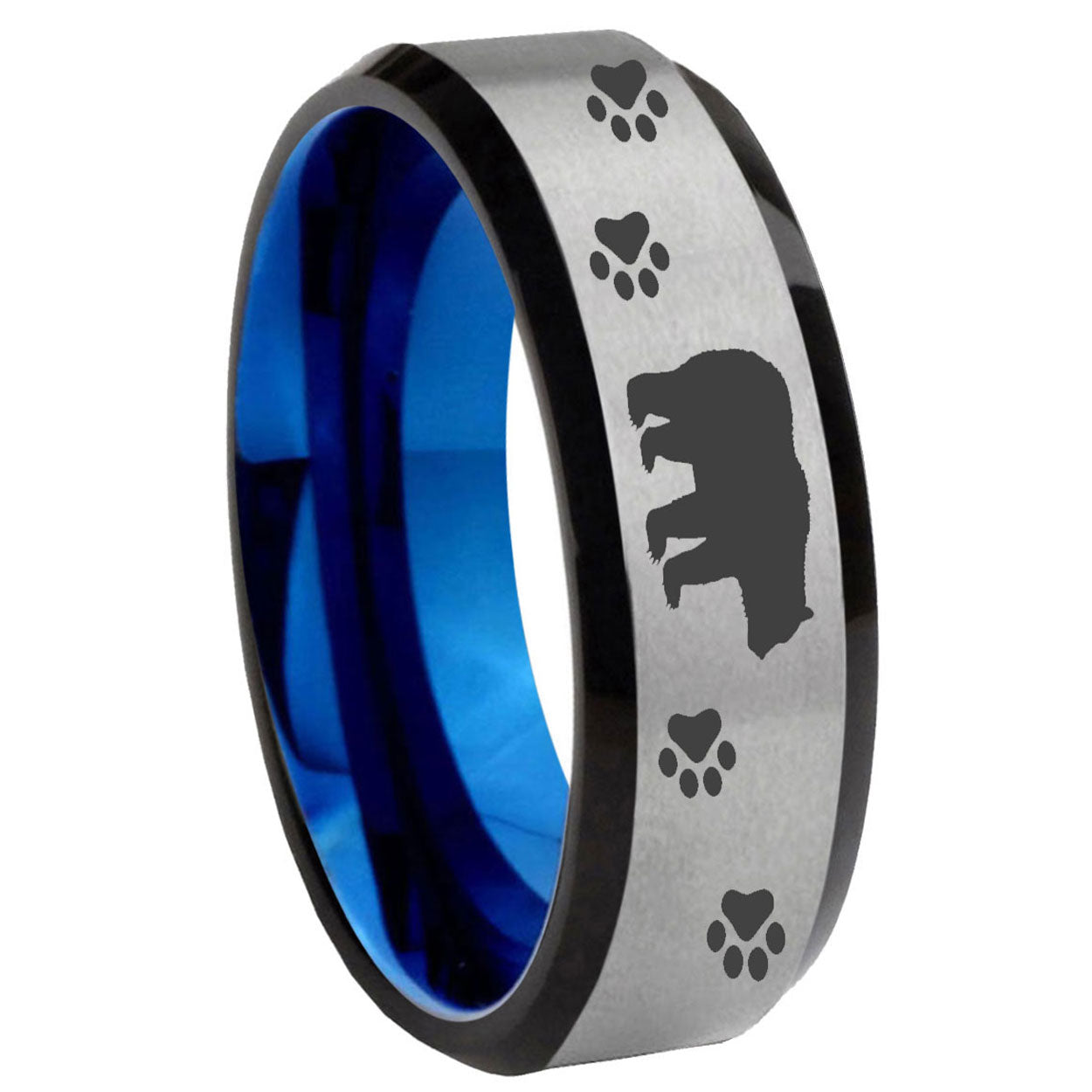 8MM Bear and Paw Beveled Blue Gray Tungsten Rings For Men