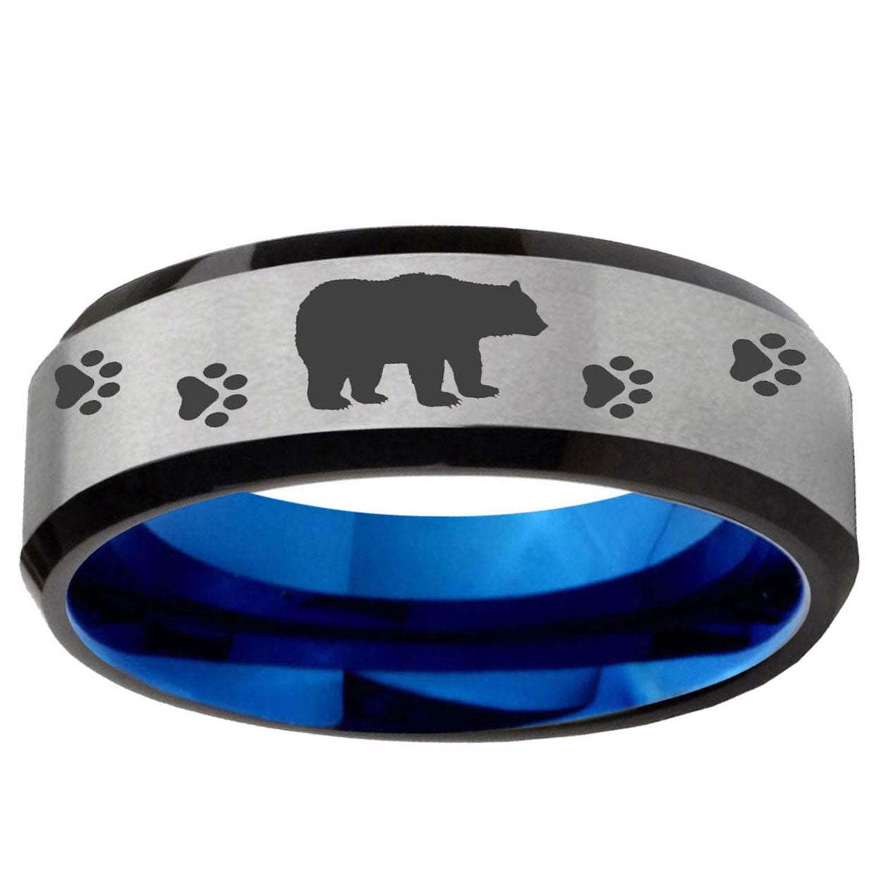 6MM Bear and Paw Beveled Blue Gray Tungsten Rings For Men