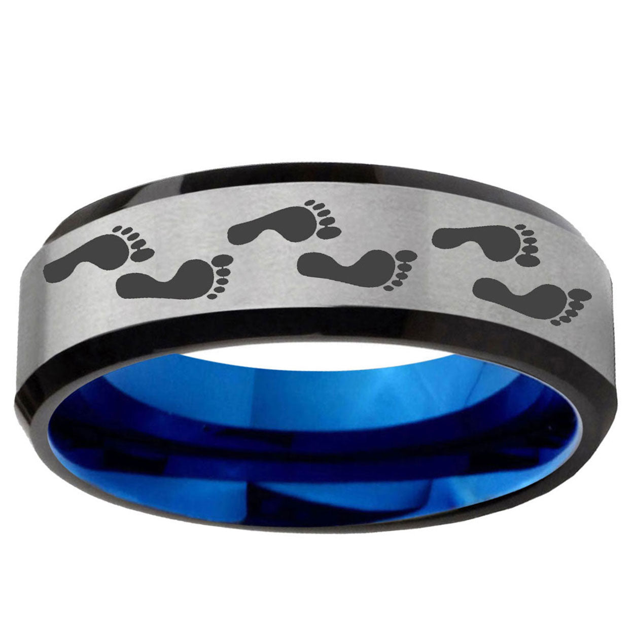 6MM Foot Print Beveled Blue Gray Tungsten Promise Ring For Him