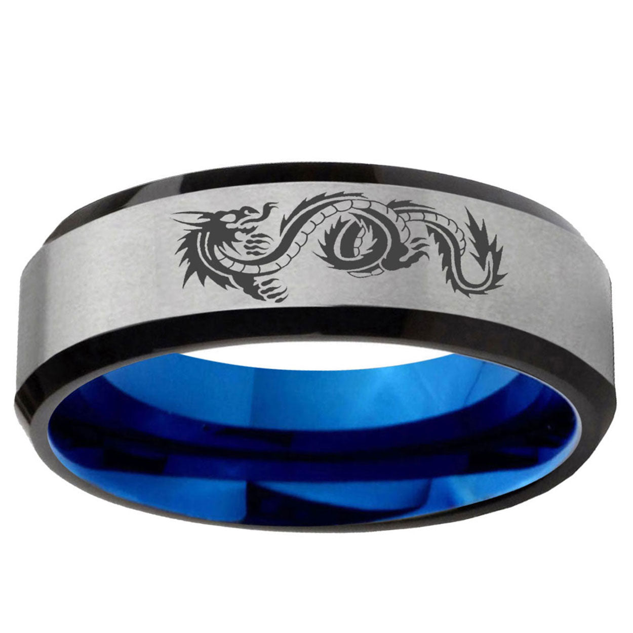 6MM Dragon Beveled Blue Gray Tungsten Mens Engagement Ring