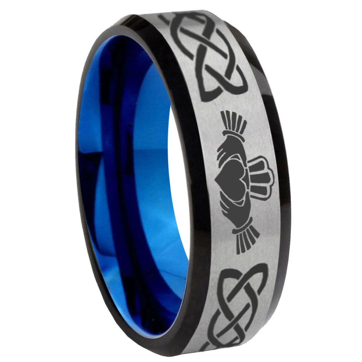 8MM Irish Claddagh Beveled Blue Gray Tungsten Ring For Him