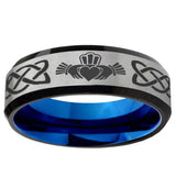 6, 8mm Irish Claddagh Beveled Tungsten Carbide Silver Blue Mens Promise Ring