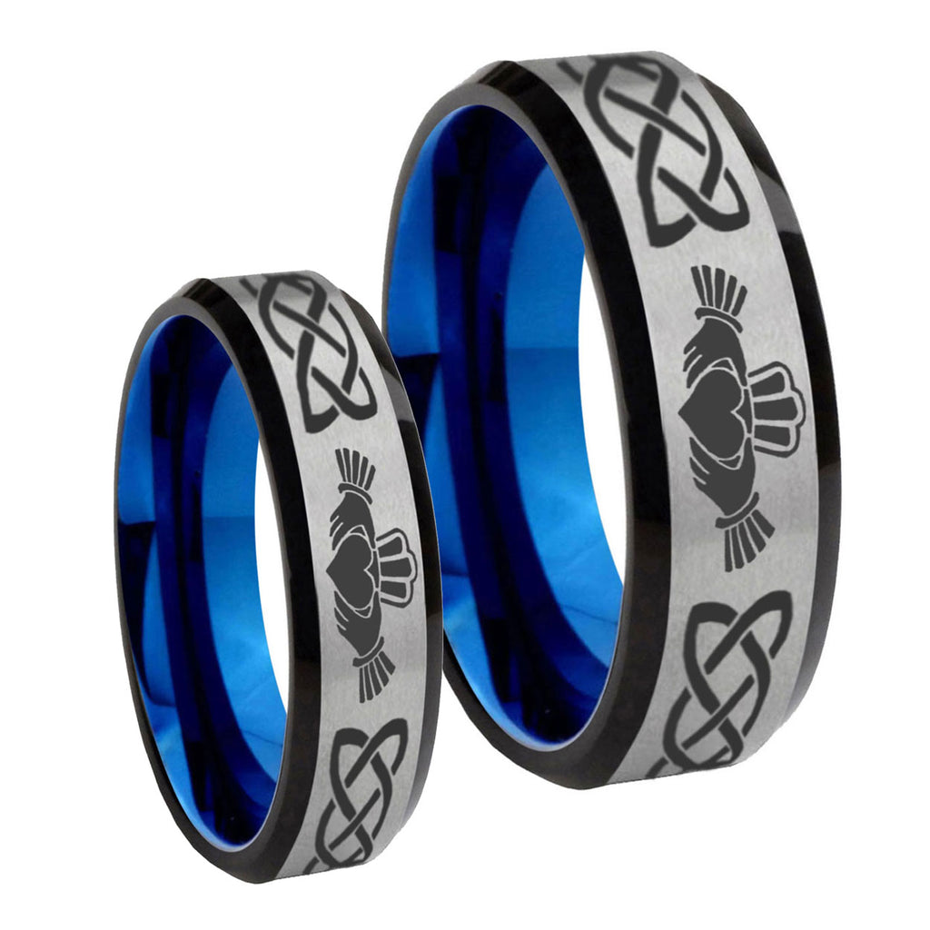 Irish Claddagh Bevel Gray Blue Tungsten Wedding Band Set
