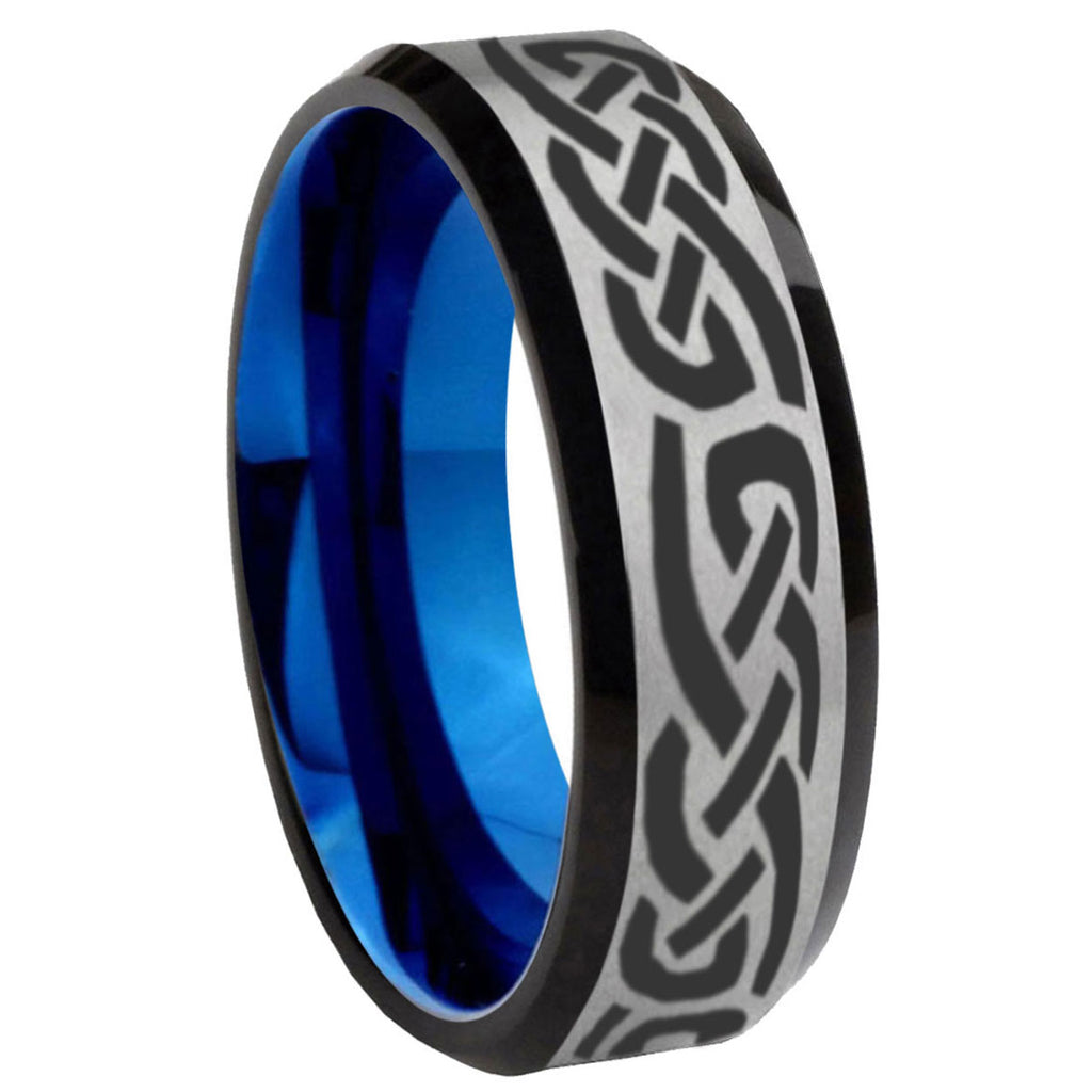 8MM Celtic Knot Infinity Love Beveled Blue Gray Tungsten Band