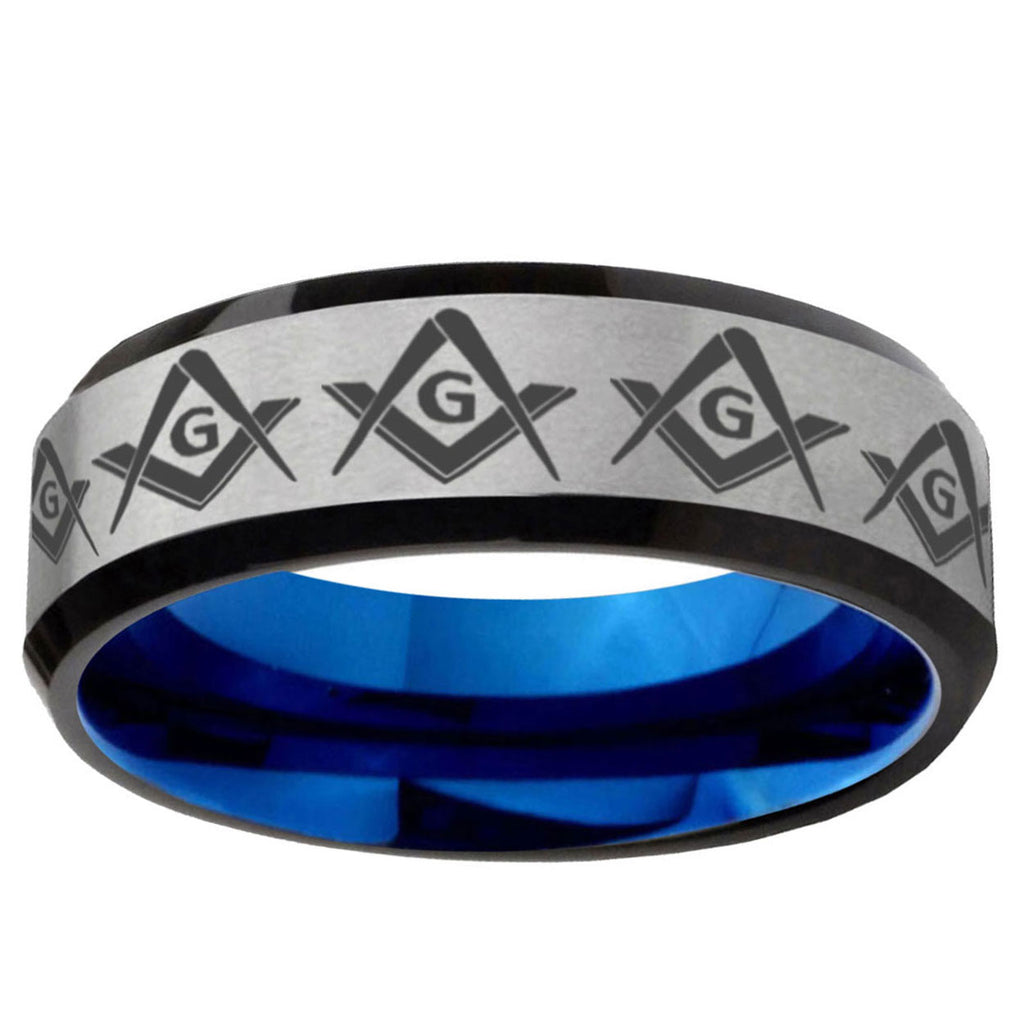 6MM Masonic Square and Compass Beveled Blue Gray Tungsten Band