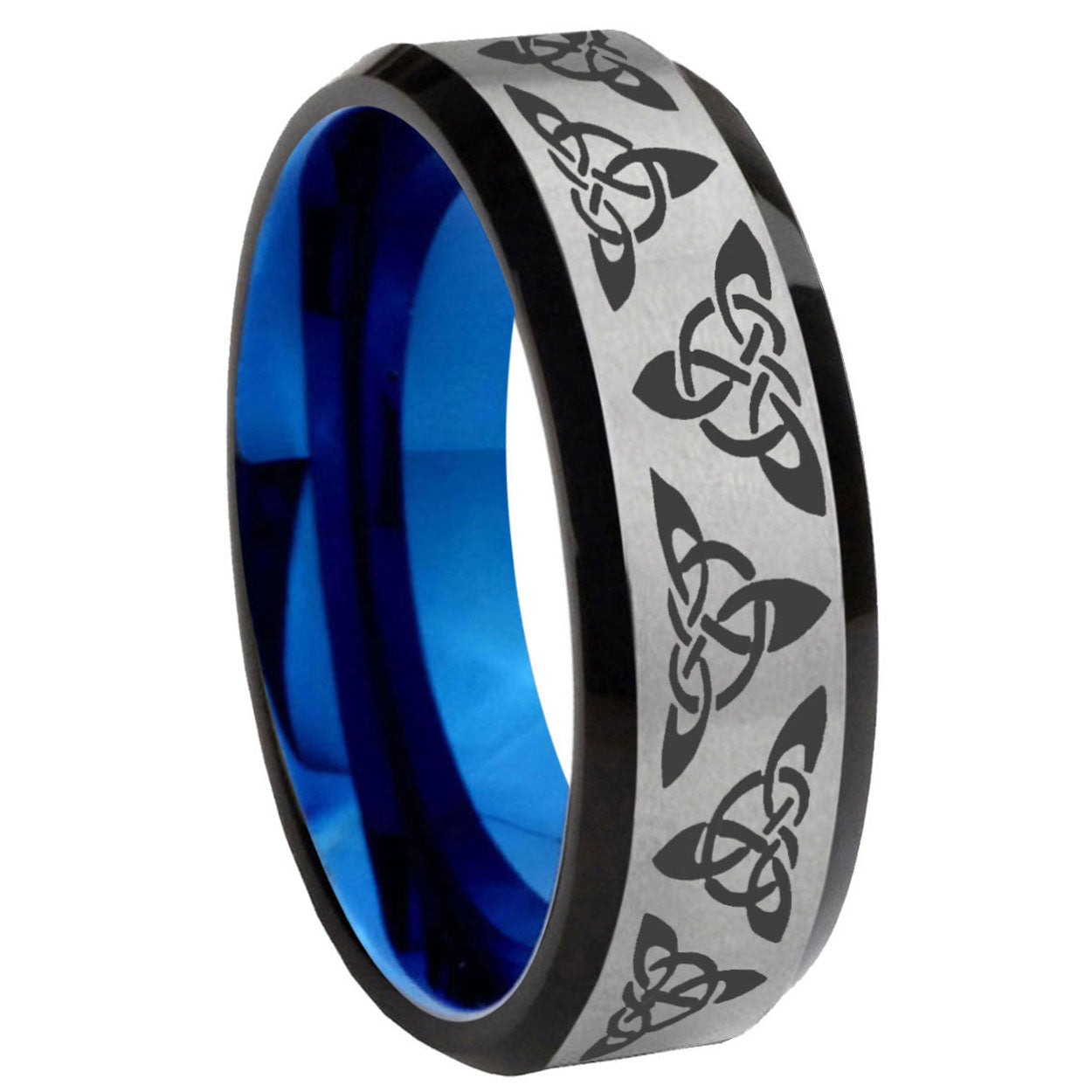8MM Celtic Knot Beveled Blue Gray Tungsten Promise Ring