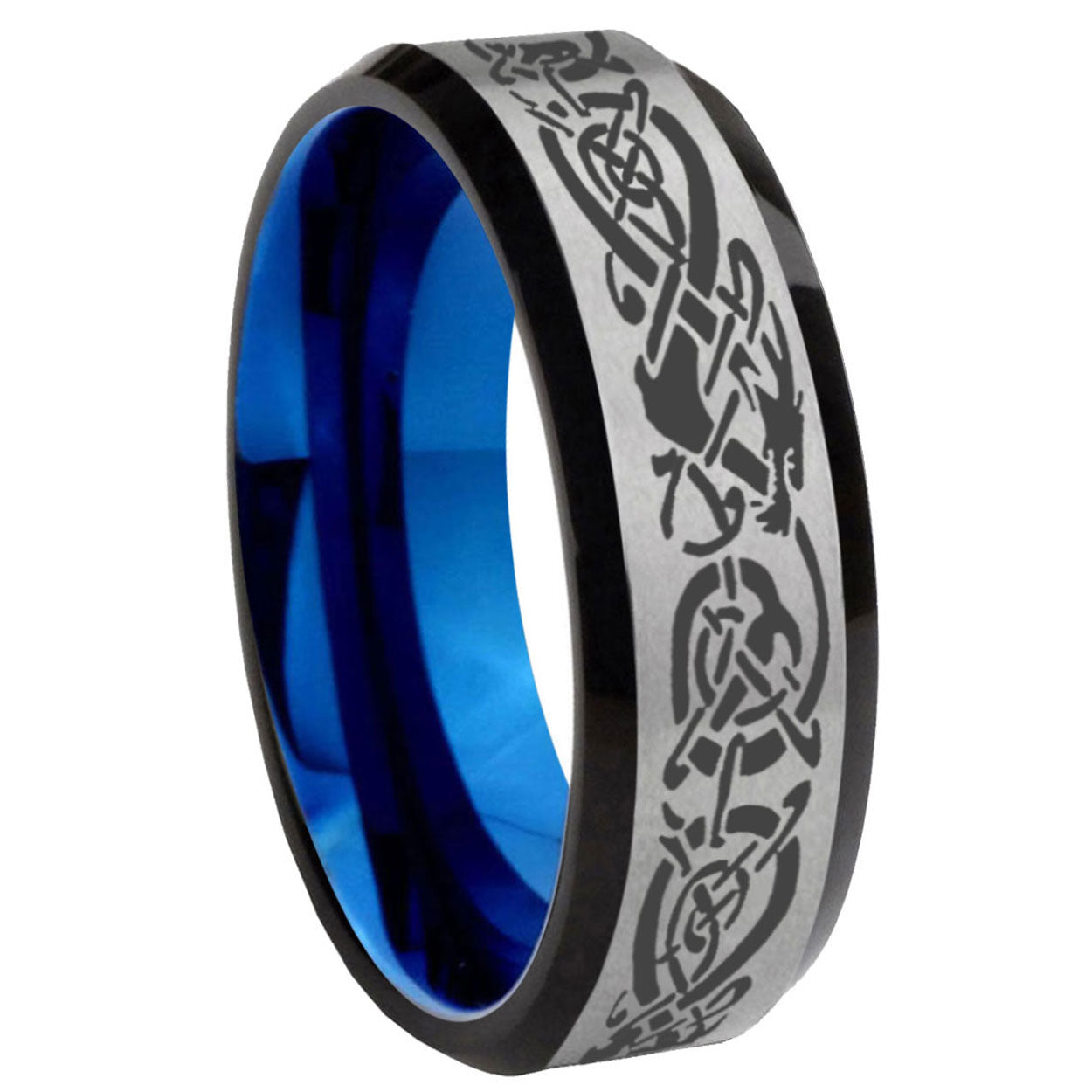 8MM Celtic Knot Dragon Beveled Blue Gray Tungsten Wedding Band