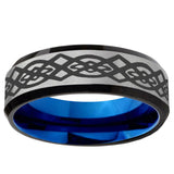 6mm Celtic Knot Beveled Edge Blue And Gray Tungsten Carbide Mens Ring