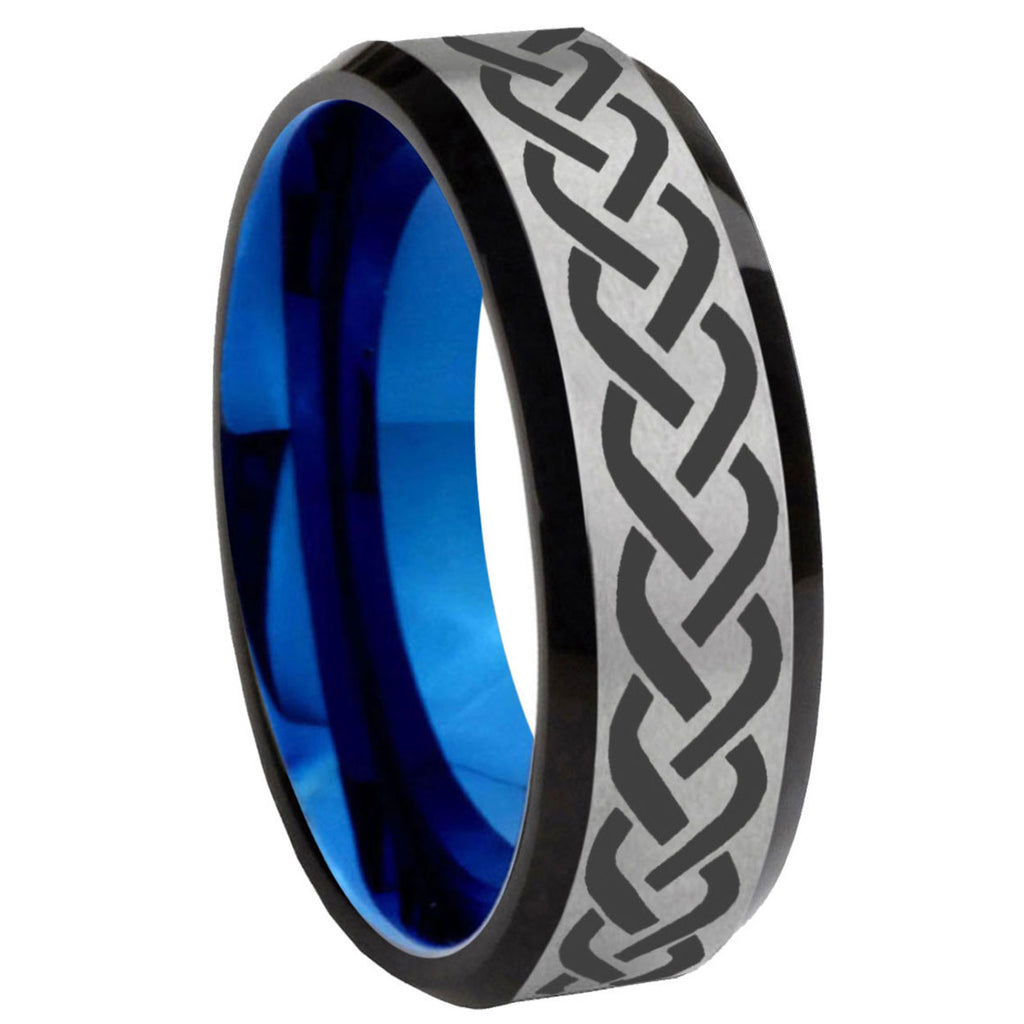 8MM Laser Celtic Knot Beveled Blue Gray Tungsten Mens Ring