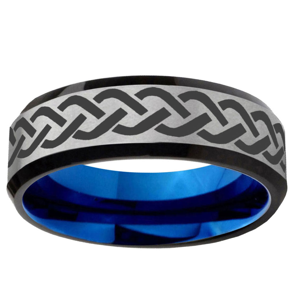 6MM Laser Celtic Knot Beveled Blue Gray Tungsten Mens Ring