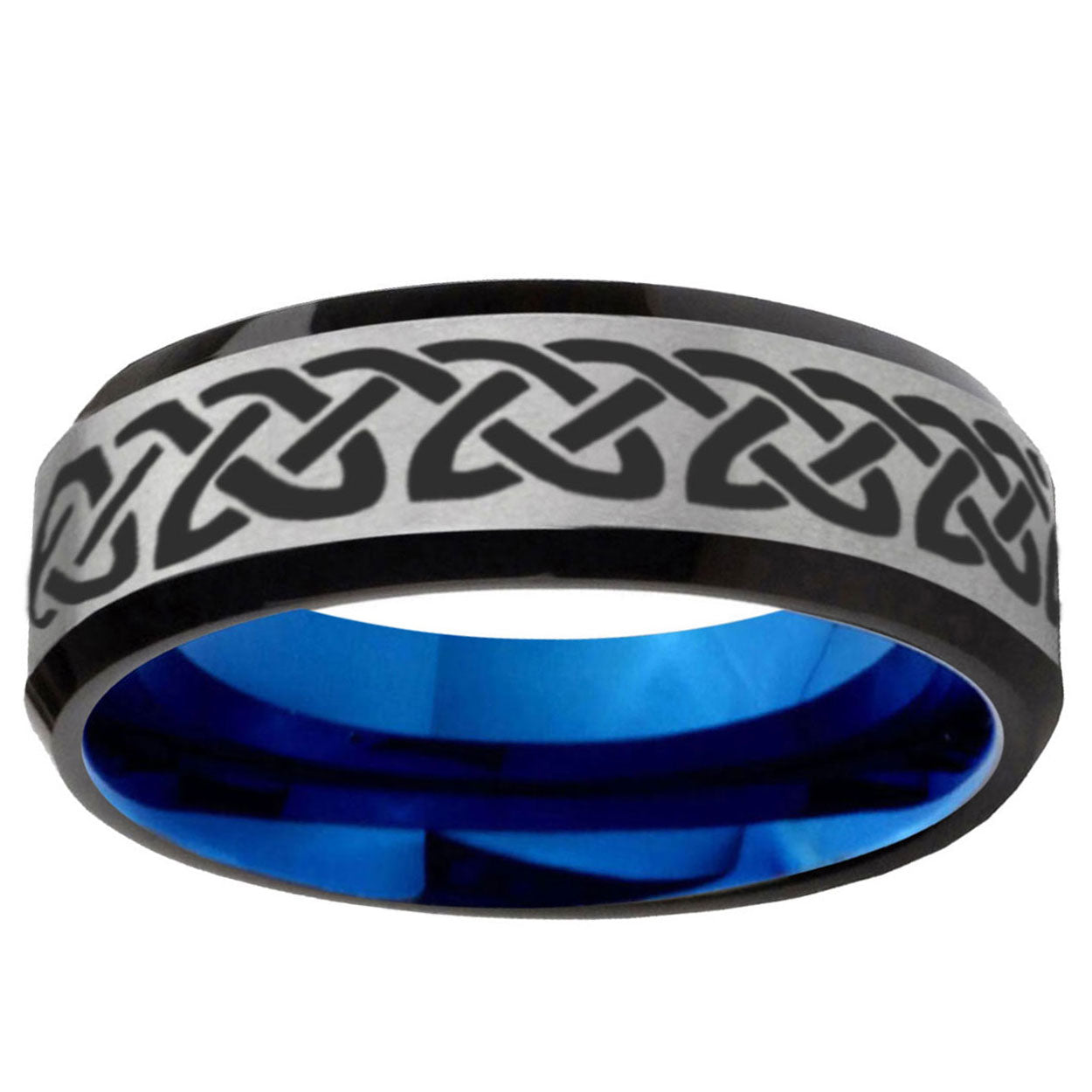 6MM Celtic Knot Love Beveled Blue Gray Tungsten Band For Men