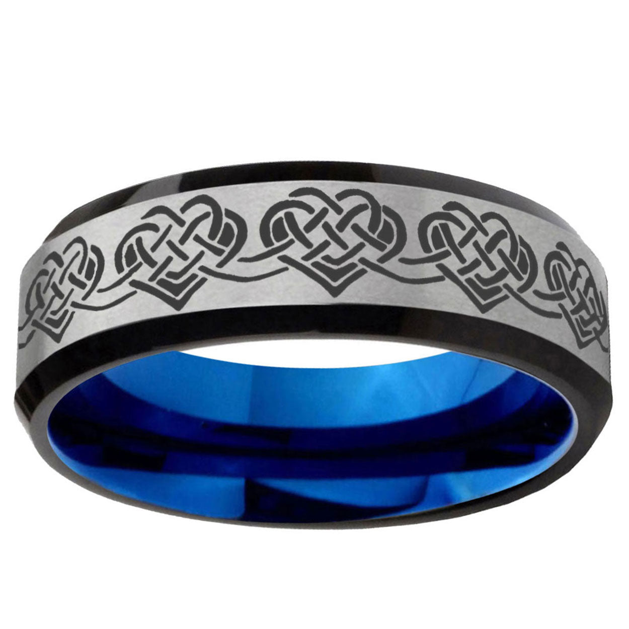 6MM Celtic Knot Heart Beveled Blue Gray Tungsten Engravable Ring