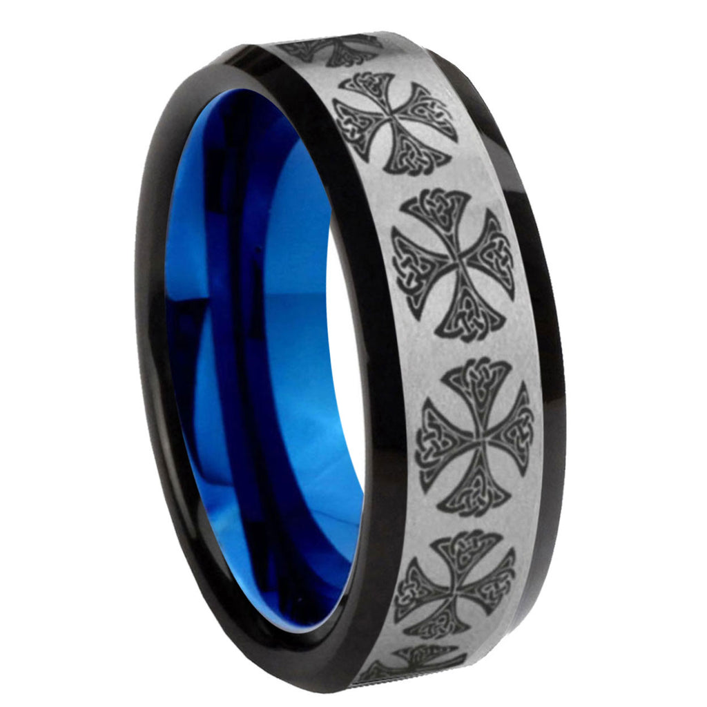 8MM Medieval Cross Beveled Blue Gray Tungsten Wedding Band For Men