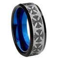 8MM Medieval Cross Beveled Blue Gray Tungsten Wedding Band For Men