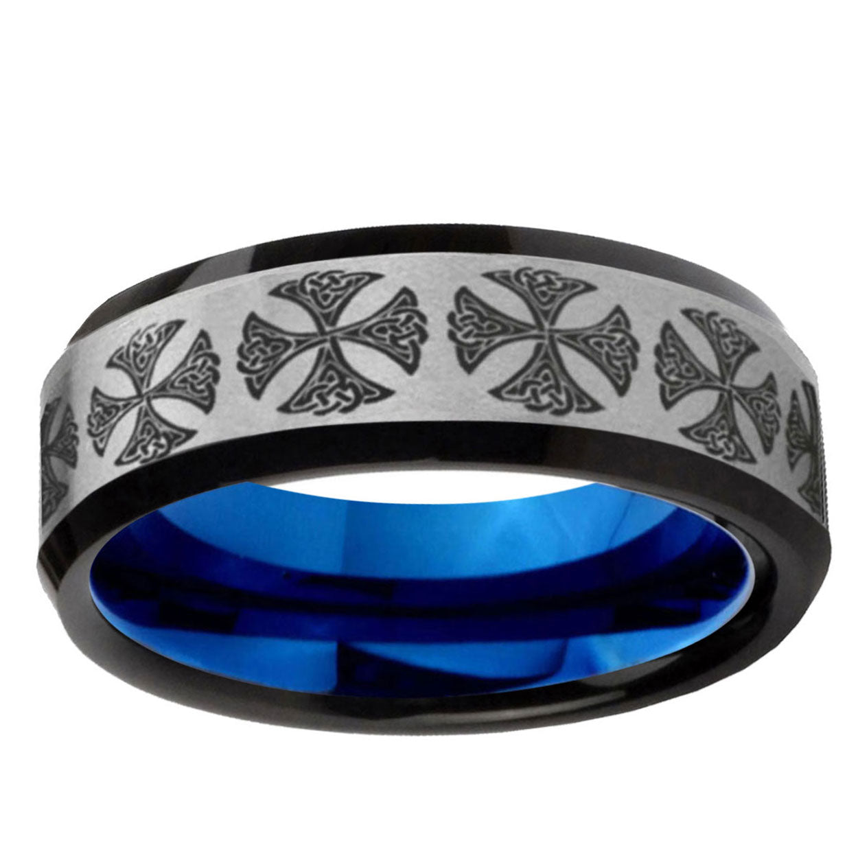6MM Medieval Cross Beveled Blue Gray Tungsten Wedding Band For Men