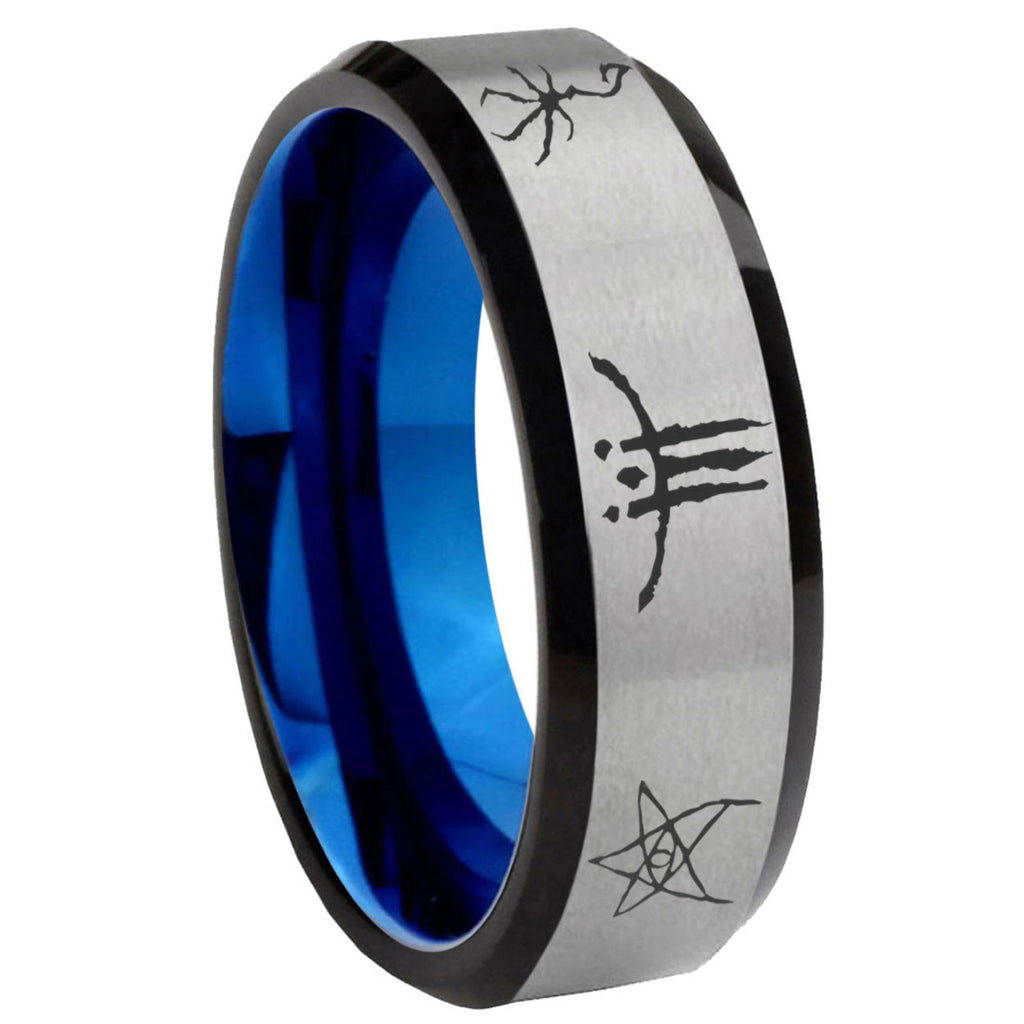 8MM Blackborne Caryll Runes Beveled Blue Gray Tungsten Wedding Band