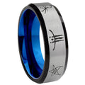 8MM Blackborne Caryll Runes Beveled Blue Gray Tungsten Wedding Band