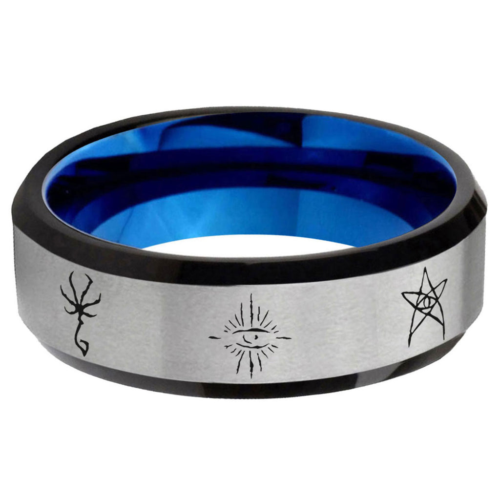 6MM Blackborne Caryll Runes Beveled Blue Gray Tungsten Wedding Band