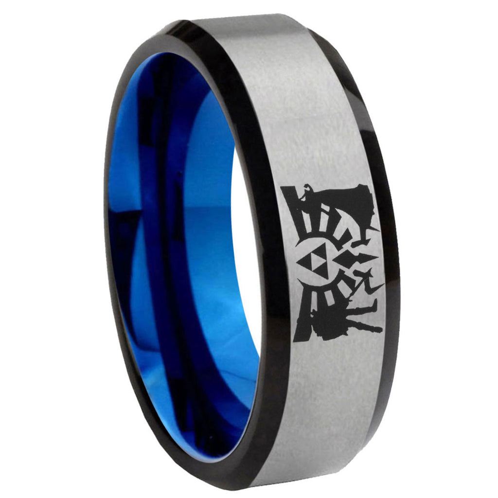 8MM Zelda Link Beveled Blue Gray Tungsten Wedding Band