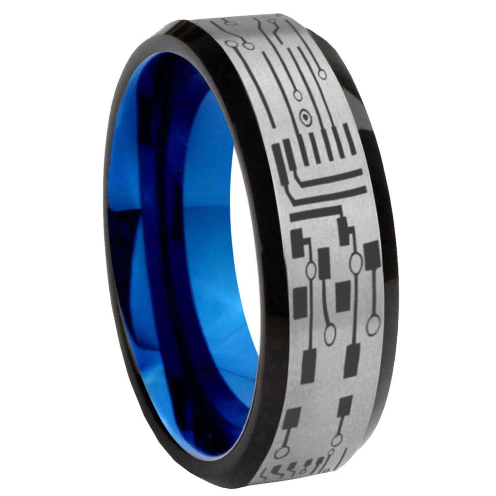 8MM Circuit Board Beveled Blue Gray Tungsten Wedding Band