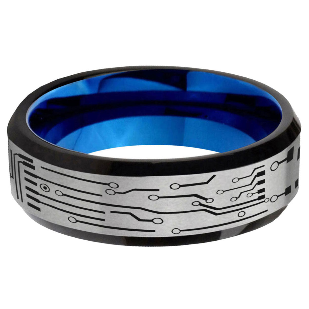 6MM Circuit Board Beveled Blue Gray Tungsten Wedding Band