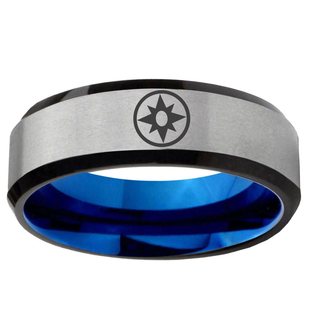 6MM Star Sapphire Lantern Beveled Blue Gray Tungsten Wedding Band
