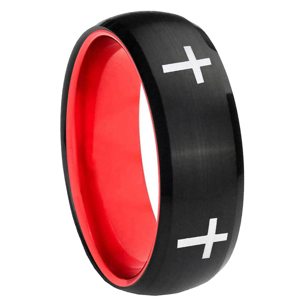 8mm Crosses Dome Black And Red Tungsten Custom Men's Ring