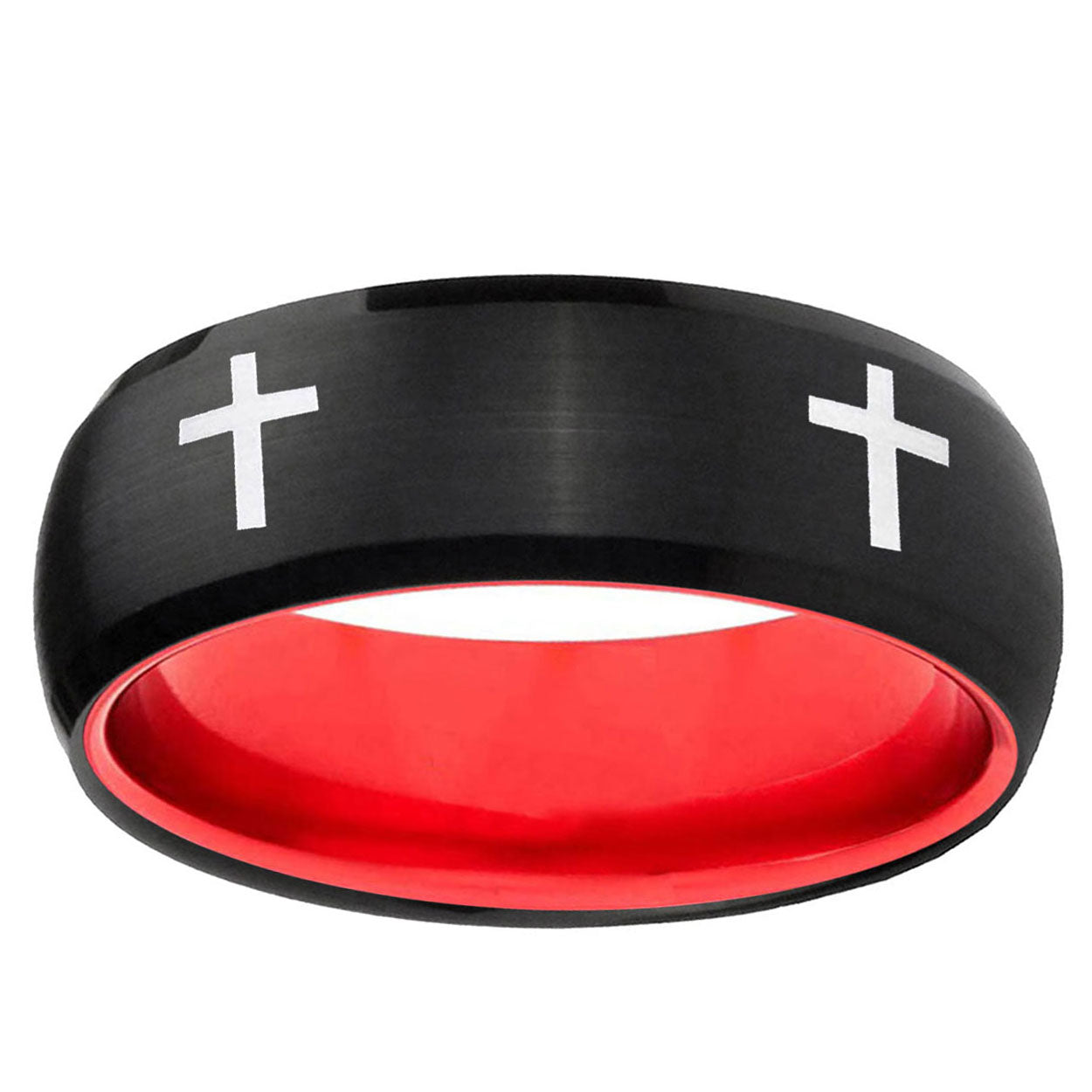Crosses Dome Black And Red Tungsten Custom Men's Ring
