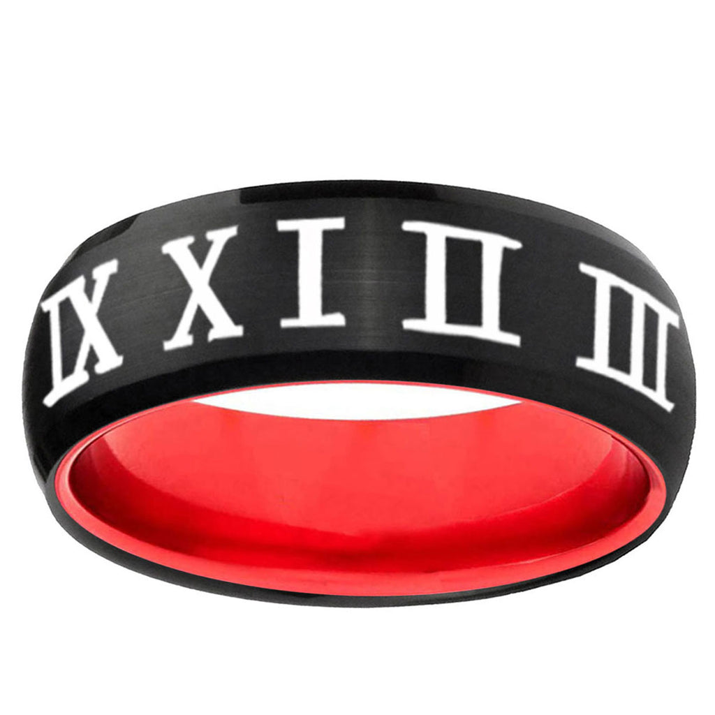 Roman Numeral Dome Black Red Tungsten Custom Ring for Men