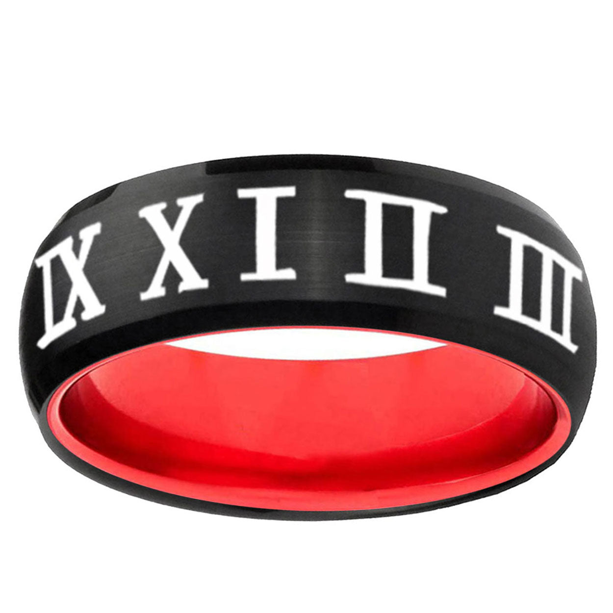 Roman Numeral Dome Black Red Tungsten Custom Ring for Men