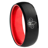8mm Fleur-De-Lis Dome Black And Red Tungsten Carbide Engraved Ring