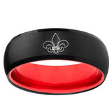 Fleur-De-Lis Dome Black And Red Tungsten Carbide Engraved Ring