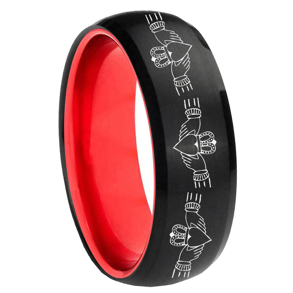 8mm Irish Claddagh Dome Black And Red Tungsten Engagement Ring