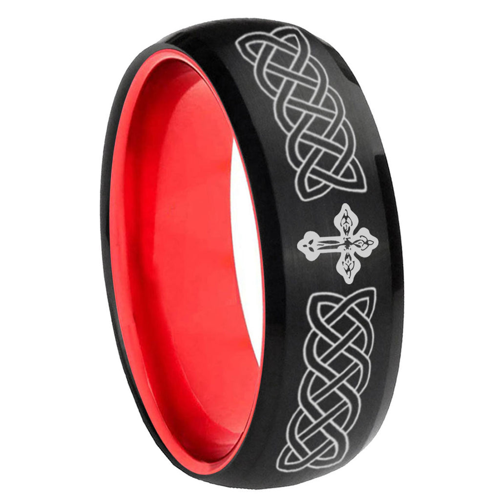 8mm Celtic Cross Dome Black And Red Tungsten Engraved Ring
