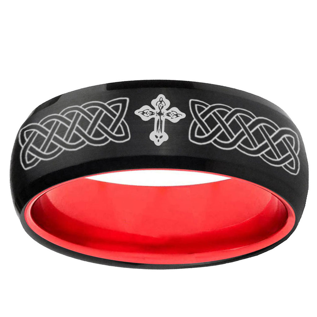 Celtic Cross Dome Black And Red Tungsten Engraved Ring