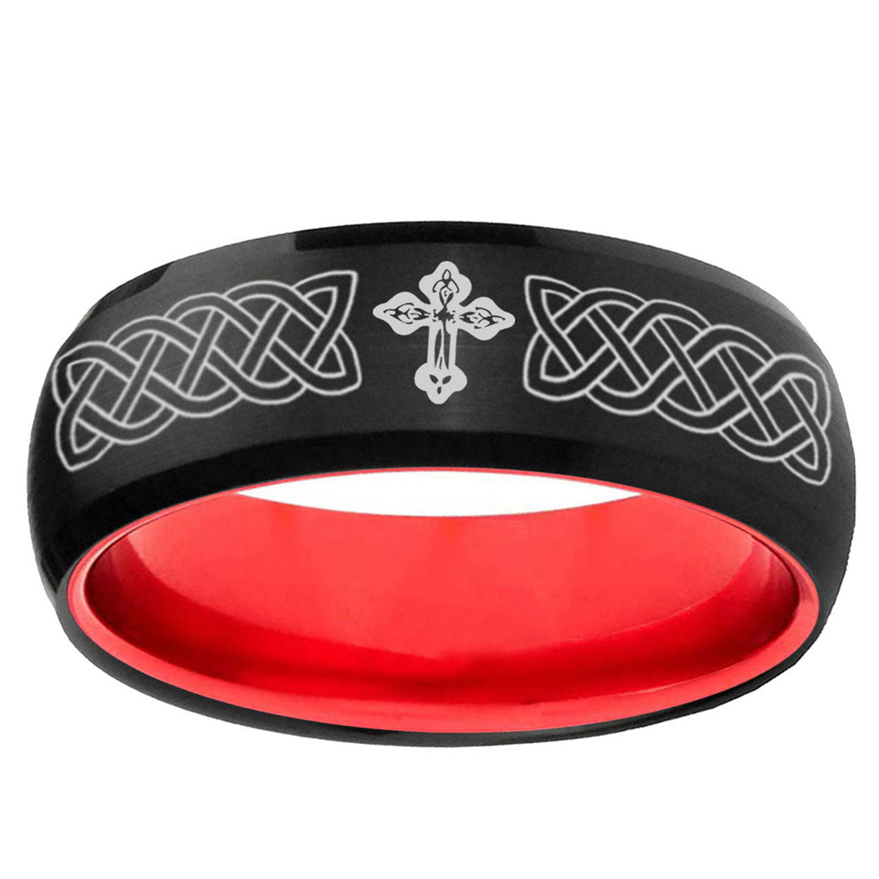 Celtic Cross Dome Black And Red Tungsten Engraved Ring