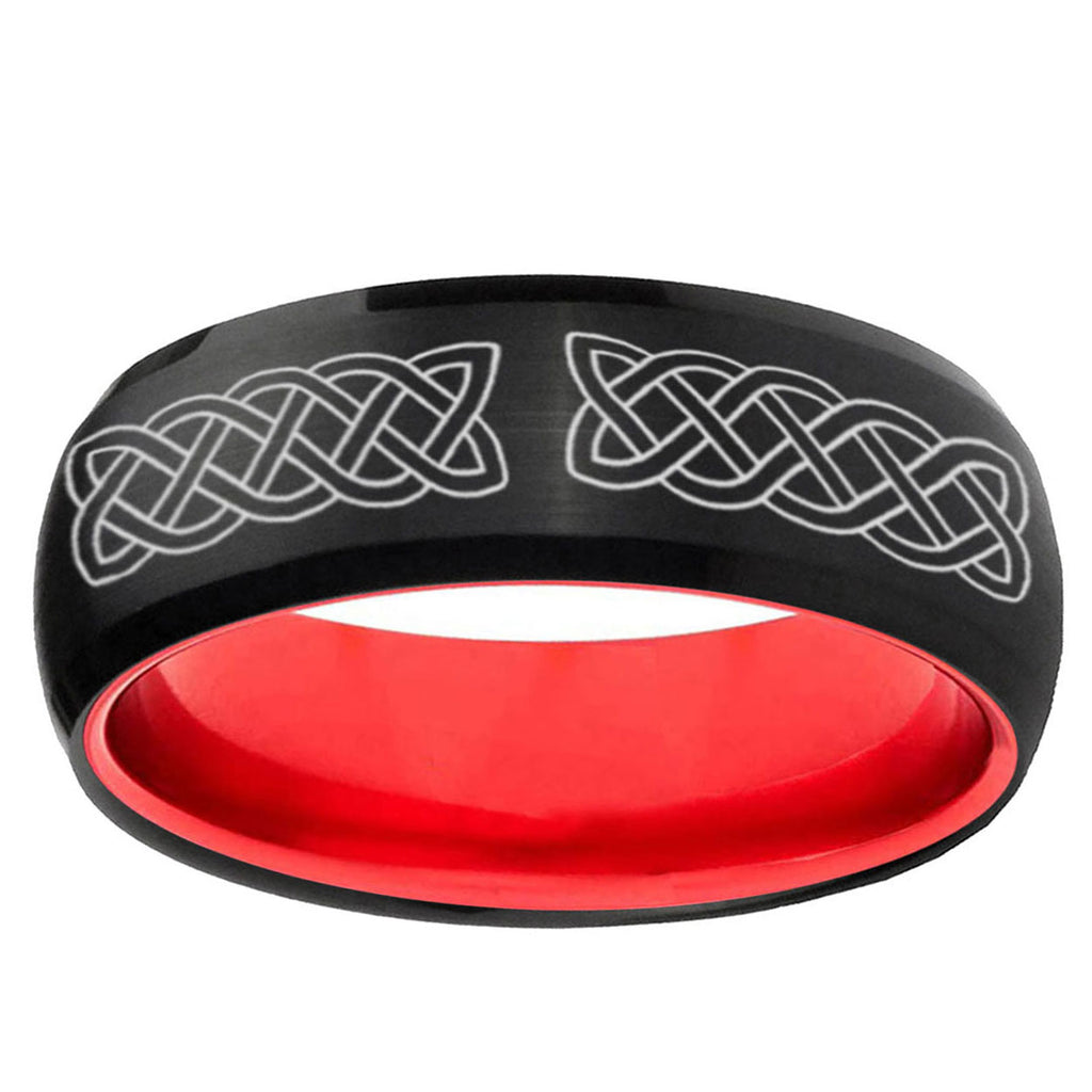 Celtic Knot Dome Black Red Tungsten Mens Anniversary Ring
