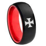 8mm Maltese Cross Dome Black Red Carbon Fiber Mens Ring
