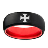 8mm Maltese Cross Dome Black Red Carbon Fiber Mens Ring