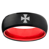 8mm Maltese Cross Dome Black Red Carbon Fiber Mens Ring