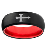 Christian Cross Dome Black And Red Tungsten Men's Engagement Band