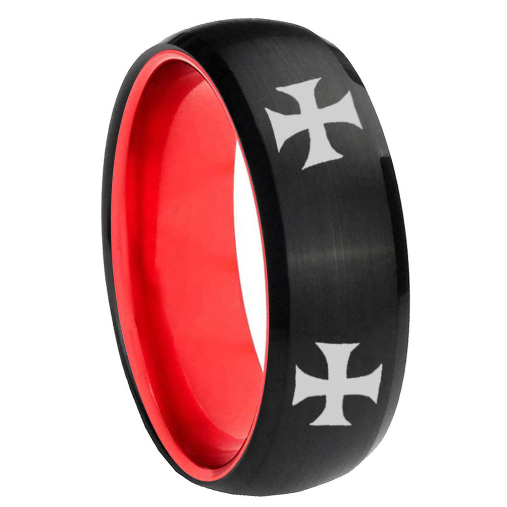 8mm 4 Maltese Cross Dome Black And Red Tungsten Bands Ring
