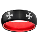 4 Maltese Cross Dome Black And Red Tungsten Carbide Bands Ring