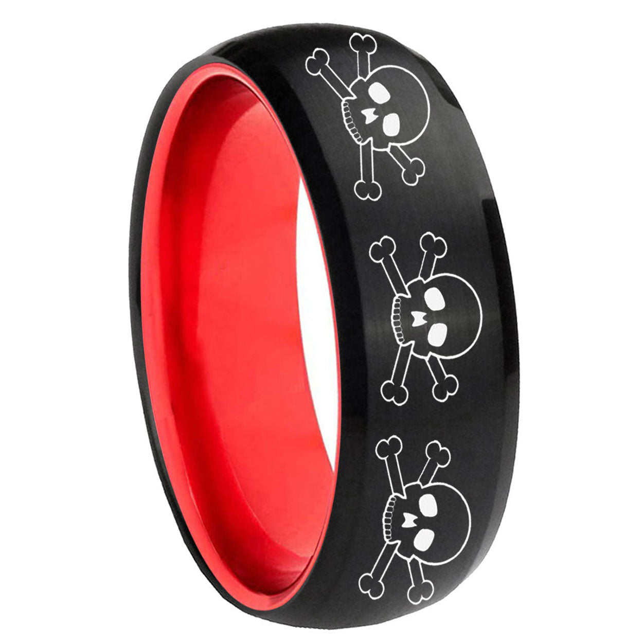 8mm Multiple Skull Dome Black And Red Tungsten Mens Ring